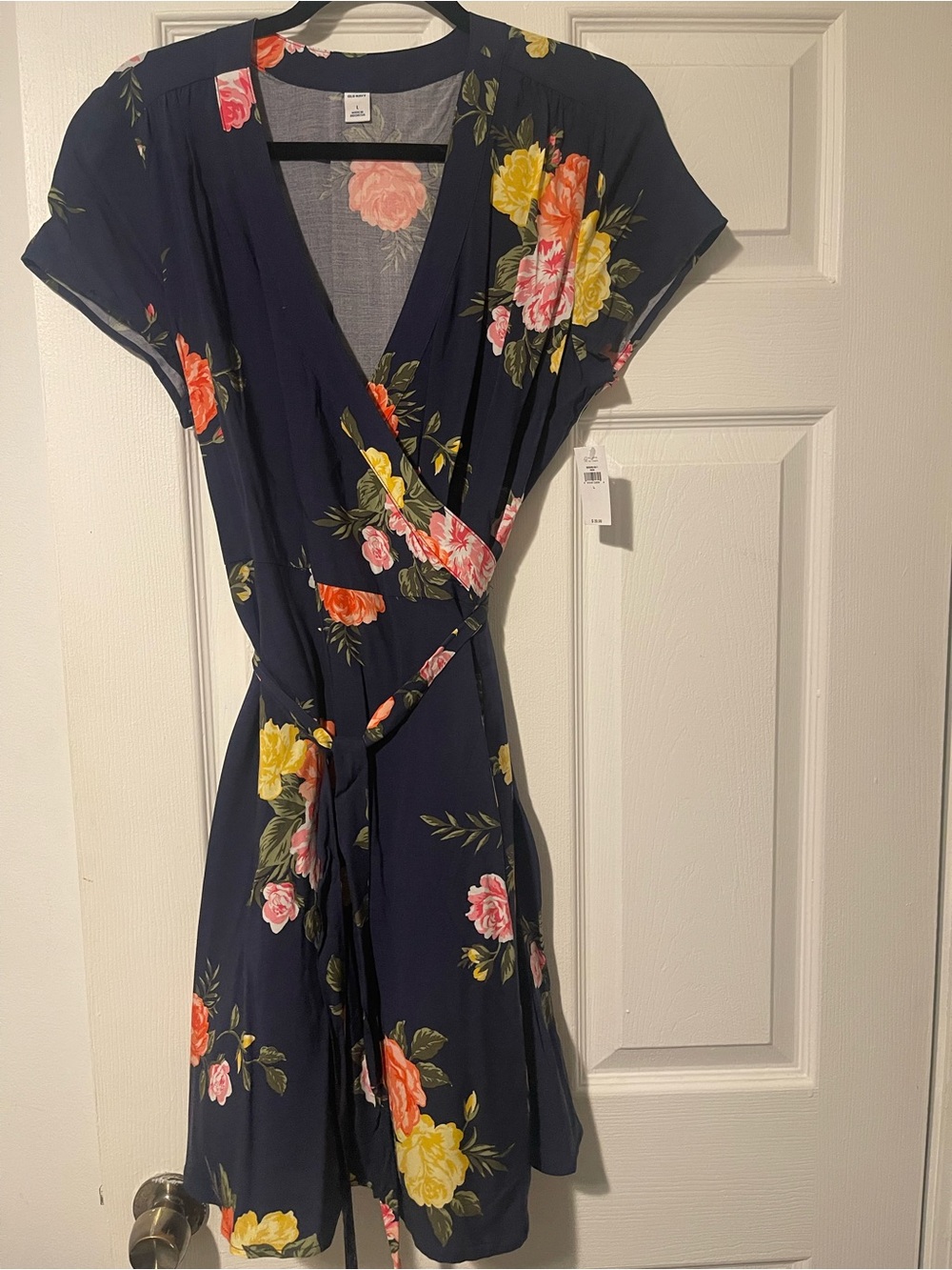 Old Navy Navy Floral Wrap Dress with Pink & Yellow Flowers